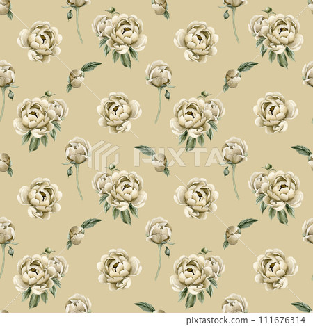 Floral watercolor seamless pattern with beige peony flowers, buds and green leaves on beige background. For use in design, fabric, textile, scrapbooking, wallpaper, wrapping papper, gift boxes, greeti 111676314