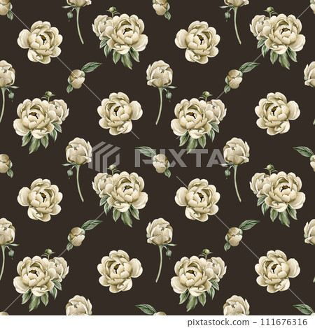 Floral watercolor seamless pattern with beige peony flowers, buds and green leaves on dark background. For use in design, fabric, textile, scrapbooking, wallpaper, wrapping papper, gift boxes, greetin 111676316