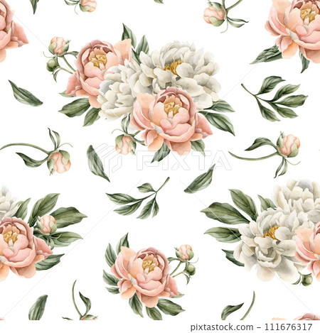 Floral watercolor seamless pattern with white and peach fuzz peony flowers, buds and green leaves on white background. For use in design, fabric, textile, scrapbooking, wallpaper, wrapping papper, gif 111676317