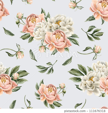 Floral watercolor seamless pattern with white and peach fuzz peony flowers, buds and green leaves on light blue background. For use in design, fabric, textile, scrapbooking, wallpaper, wrapping papper 111676318