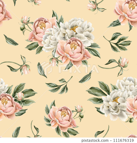 Floral watercolor seamless pattern with white and peach fuzz peony flowers, buds and green leaves on light pink background. For use in design, fabric, textile, scrapbooking, wallpaper, wrapping papper Floral watercolor seamless pattern with white and peach fuzz peony flowers, buds and green leaves on light pink background. For use in design, fabric, textile, scrapbooking, wallpaper, wrapping papper 111676319