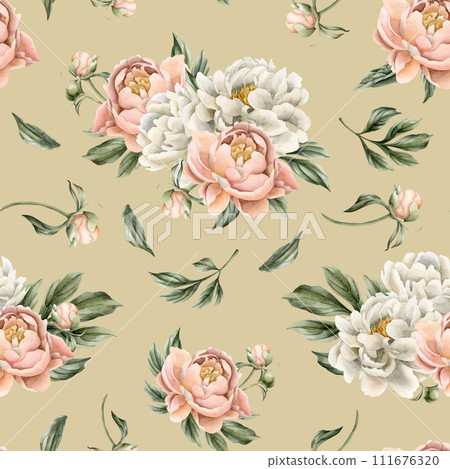 Floral watercolor seamless pattern with white and peach fuzz peony flowers, buds and green leaves on beige background. For use in design, fabric, textile, scrapbooking, wallpaper, wrapping papper, gif Floral watercolor seamless pattern with white and peach fuzz peony flowers, buds and green leaves on beige background. For use in design, fabric, textile, scrapbooking, wallpaper, wrapping papper, gif 111676320