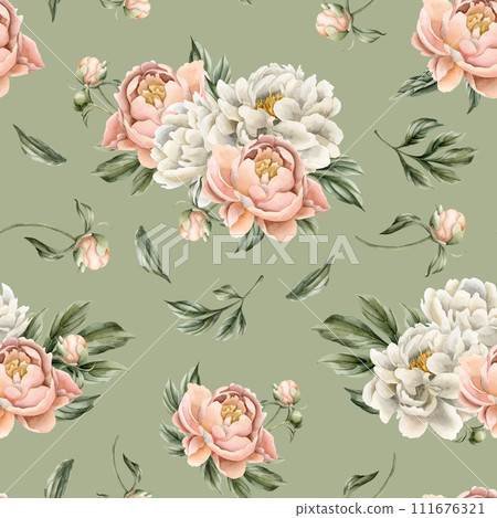 Floral watercolor seamless pattern with white and peach fuzz peony flowers, buds and green leaves on grey green background. For use in design, fabric, textile, scrapbooking, wallpaper, wrapping papper Floral watercolor seamless pattern with white and peach fuzz peony flowers, buds and green leaves on grey green background. For use in design, fabric, textile, scrapbooking, wallpaper, wrapping papper 111676321
