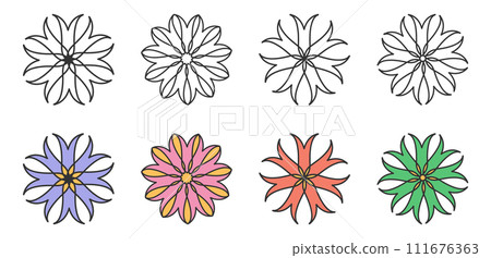 Flower icons set, bohemian style Logo, black line stroke. Creative floral web decorative images, outline, coloured isolated elements, vector 111676363