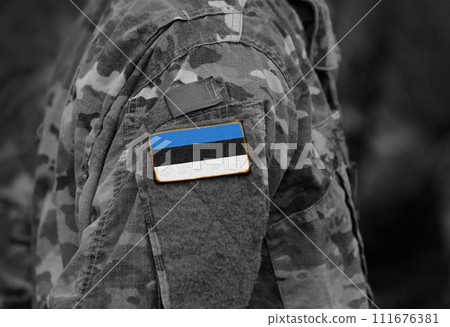 Flag of Estonia on soldiers arm (collage). 111676381