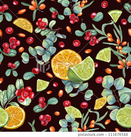 Red and orange berries, citrus slices, leaves. Lime, orange, sea buckthorn, lingonberry, eucalyptus branch. Watercolor illustration isolated on black background. For wrapping, poster, cosmetic design. 111676588