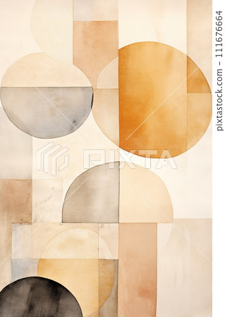 Elegant watercolor composition blending Nordic minimalism with geometric and organic shapes in a soothing palette of neutral and earth tones, ideal for modern decor and calming spaces. Generative AI. 111676664