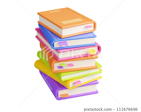 Tower stack of paper books with hard cover and bookmarks in 3d render illustration. Colorful pastel color pile of textbooks for reading and education concept. Stacked literature for library and store. Tower stack of paper books with hard cover and bookmarks in 3d render illustration. Colorful pastel color pile of textbooks for reading and education concept. Stacked literature for library and store. 111676696