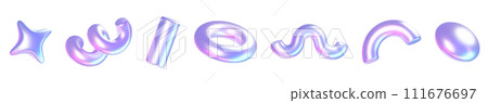 Holographic abstract simple shape design elements. 3d render illustration set of geometric metal graphic objects of different basic forms with holography effect. Geometric chrome shiny glossy objects. Holographic abstract simple shape design elements. 3d render illustration set of geometric metal graphic objects of different basic forms with holography effect. Geometric chrome shiny glossy objects. 111676697
