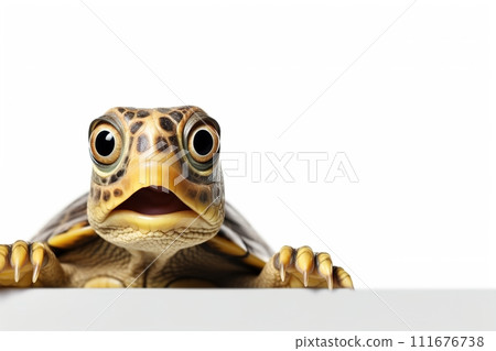 Cute, surprised turtle with large eyes on white background. Ideal for promotions, great deals or offers. Good price, Black Friday, discount. Copy space for text. Amazed animal. Generative AI. 111676738