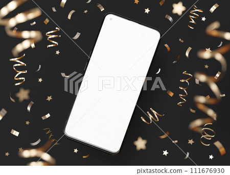 Modern smartphone mockup with blank screen surrounded by festive gold confetti, perfect for app promotion, celebration themes. Surprise, congratulations, holiday. Black background. 3D. Modern smartphone mockup with blank screen surrounded by festive gold confetti, perfect for app promotion, celebration themes. Surprise, congratulations, holiday. Black background. 3D. 111676930