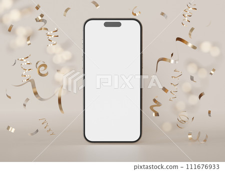 Modern smartphone mockup with blank screen surrounded by festive gold confetti, perfect for app promotion, celebration themes. Surprise, congratulations, holiday. Beige background. 3D. 111676933