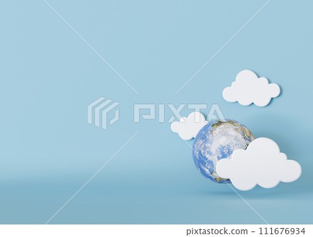 A minimalist Earth Day concept featuring a realistic Earth globe with playful white clouds on a soft blue backdrop, perfect for eco-themed adverts, with expansive copy space. 3D render. A minimalist Earth Day concept featuring a realistic Earth globe with playful white clouds on a soft blue backdrop, perfect for eco-themed adverts, with expansive copy space. 3D render. 111676934