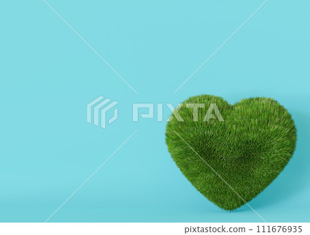 A vibrant green grass heart floats against a serene blue background, symbolizing love for the environment, ideal for Earth Day promotions and eco-friendly campaigns with ample copy space. 3D. 111676935