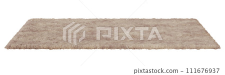 Plush beige rectangular carpet with a detailed soft texture, perfect for modern home interiors, isolated on a white background. Cut out home decor. Front view. 3D render. 111676937