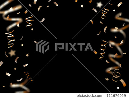 Golden confetti isolated on black background. Shiny particles, close up view. Party, Merry Christmas, New year, Birthday decoration. Cut out. Perfect for celebrations, invitations, festive design. 3D. 111676939