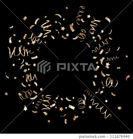 Circle of golden confetti isolated on black background. Shiny particles, close up. Party, Merry Christmas, New year, Birthday decoration. Cut out. Perfect for celebrations, invitations. Copy space. 3D 111676940