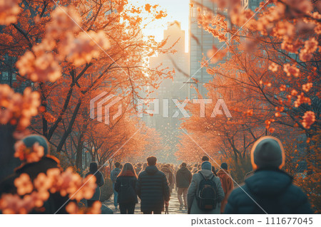 The approach of Easter is marked by colors and twinkling lights on a big city street, an urban spring scene 111677045