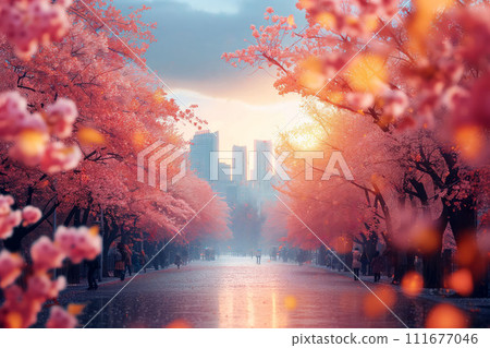 The approach of Easter is marked by colors and twinkling lights on a big city street, an urban spring scene The approach of Easter is marked by colors and twinkling lights on a big city street, an urban spring scene 111677046