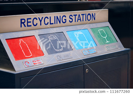 Innovative trash containers designed to aid in waste segregation, fostering a systematic approach to separate waste collection and effective garbage recycling management. 111677260