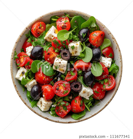 Greek salad with fresh vegetables isolated, top view. Greek salad with fresh vegetables isolated, top view. 111677341