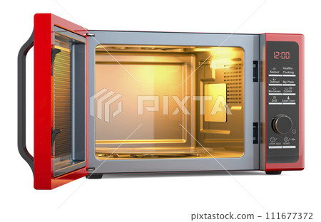 Red microwave oven with opened door, 3D rendering Red microwave oven with opened door, 3D rendering 111677372