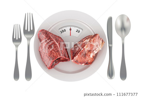Raw meat on the plate with weight scale. Ketogenic Diet, concept. 3D rendering 111677377