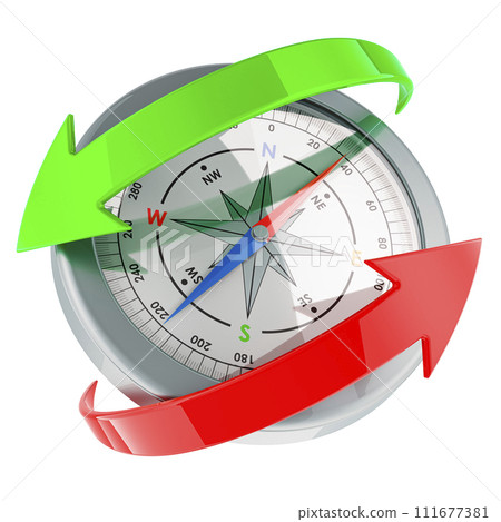 Compass with green and red arrows around. 3d rendering Compass with green and red arrows around. 3d rendering 111677381