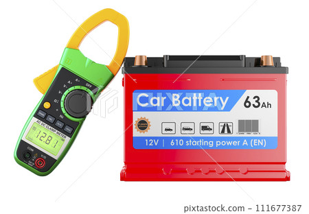 Car Battery with Digital Clamp Meter Multimeter, 3D rendering 111677387