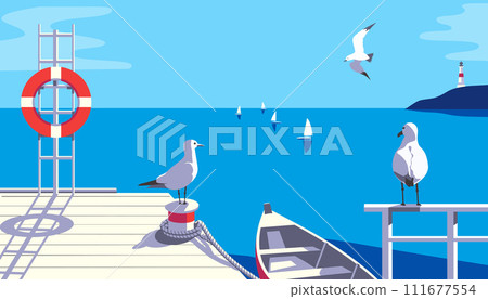 Seaside landscape with seagull on boat pier vector Seaside landscape with seagull on boat pier vector 111677554