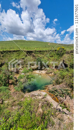 beautiful turquoise waterfall pool in Serra da Canastra, Minas Gerais, Brazil 111677601