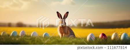 Holiday celebration banner with cute Easter bunny with decorated eggs and spring flowers on green spring meadow. Rabbit in landscape. Happy Easter greeting card, banner, festive background.Copy space 111677814