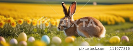 Holiday celebration banner with cute Easter bunny with decorated eggs and spring flowers on green spring meadow. Rabbit in landscape. Happy Easter greeting card, banner, festive background.Copy space 111677816