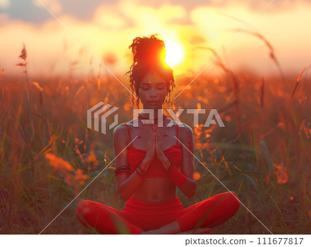 AI-generated content. Girl at sunset doing yoga in nature. . Generative AI 111677817