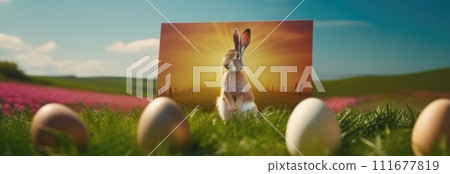 Holiday celebration banner with cute Easter bunny with decorated eggs and spring flowers on green spring meadow. Rabbit in landscape. Happy Easter greeting card, banner, festive background.Copy space 111677819