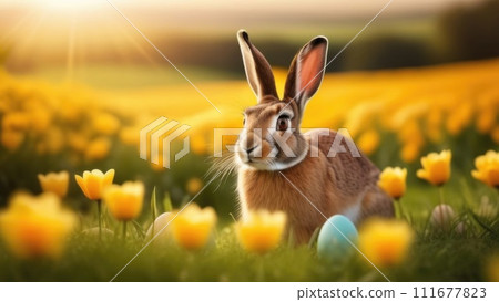 Holiday celebration banner with cute Easter bunny with decorated eggs and spring flowers on green spring meadow. Rabbit in landscape. Happy Easter greeting card, banner, festive background.Copy space 111677823
