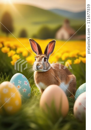 Holiday celebration banner with cute Easter bunny with decorated eggs and spring flowers on green spring meadow. Rabbit in landscape. Happy Easter greeting card, banner, festive background.Copy space 111677839