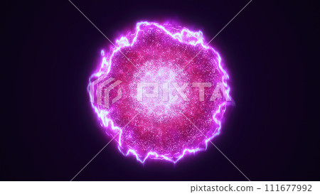 Purple energy magic sphere round hi-tech light digital ball space planet star made of futuristic light rays lines and energy particles. Abstract background 111677992