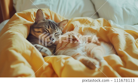 AI-generated content. Two cats sleeping together. Kitten under yellow soft blanket. Home pets. Animal care. Love and friendship. Domestic animals. Generative AI 111678113