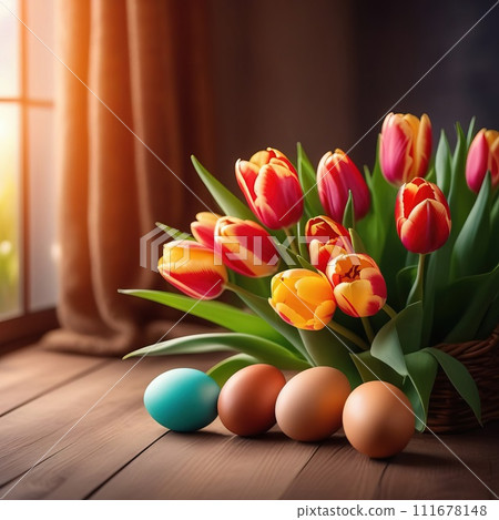 Table with vase of tulips, colorful Easter eggs. Basket of eggs and vase of tulips on kitchen table near window. Happy Easter greeting card, banner, festive background. Blurred background. Copy space. 111678148
