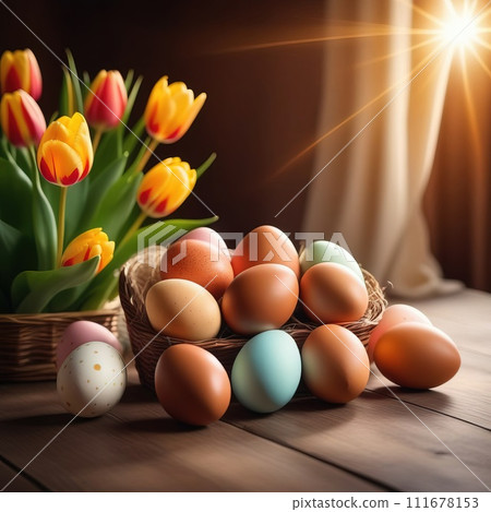 Table with vase of tulips, colorful Easter eggs. Basket of eggs and vase of tulips on kitchen table near window. Happy Easter greeting card, banner, festive background. Blurred background. Copy space. 111678153