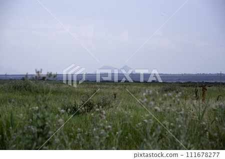 Landscape high mountains in dense fog tops of mountains in clouds North Caucasus Elbrus 111678277