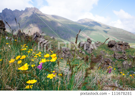 Landscape high mountains in dense fog tops of mountains in clouds North Caucasus Elbrus Landscape high mountains in dense fog tops of mountains in clouds North Caucasus Elbrus 111678281