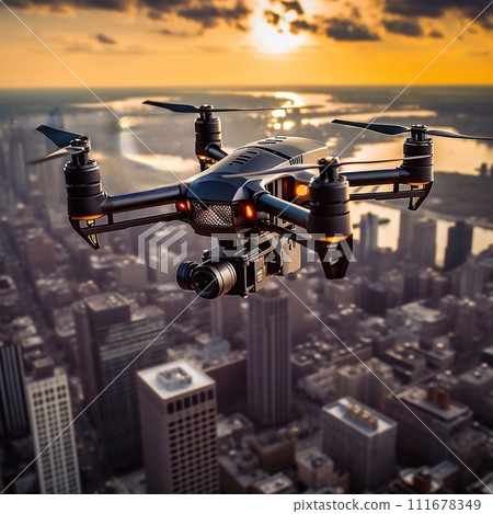 A drone flies over the city at sunset. 111678349