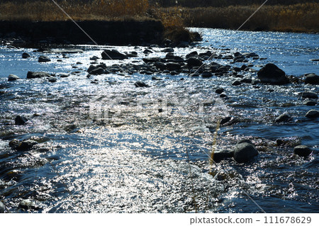 The waterfront of the main stream of Arakawa, sparkling reflections, near Hanazono Mizube Park The waterfront of the main stream of Arakawa, sparkling reflections, near Hanazono Mizube Park 111678629