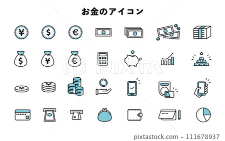 Money icon illustration material set cashless smartphone coin banknote gold bullion ATM asset 111678937