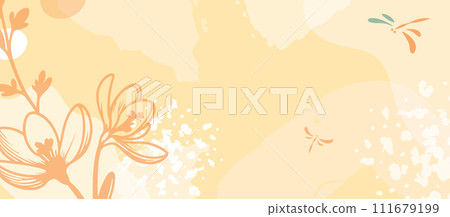 Rustic Spring Floral Vector Background: Abstract Pastel Nature Pattern with Yellow and Orange Dragonfly, Japanese Country Frame, Modern Summer Illustration 111679199