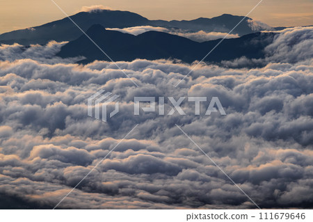 Hakone, Mt. Kintoki, Mt. Myojingatake and sea of clouds at dawn seen from Mt. Fuji and Mt. Hoei 111679646