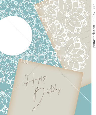 Elegant Birthday card design with white round lace and old handwritten greeting. Elegant Birthday card design with white round lace and old handwritten greeting. 111679742