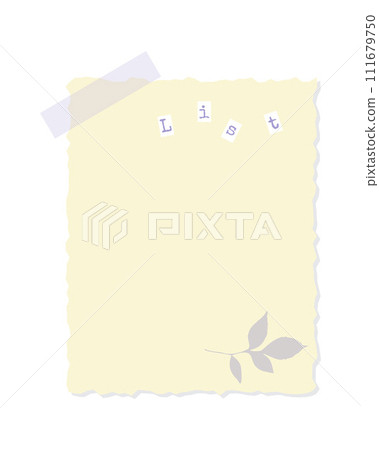 Digital scrapbooking element yellow sticky note with template list and leaf imprint, attached with tape, for vintage design collage. Digital scrapbooking element yellow sticky note with template list and leaf imprint, attached with tape, for vintage design collage. 111679750